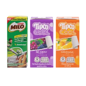 ไมโล รสช็อกโกแลตมอลต์ (165 ml.) น้ำมิกซ์เบอร์รี่ ทิปโก้ Cool Fit น้ำผลไม้ 40% (180 ml.) น้ำส้ม ทิปโก้ Cool Fit น้ำผลไม้ 40% (180 ml.)